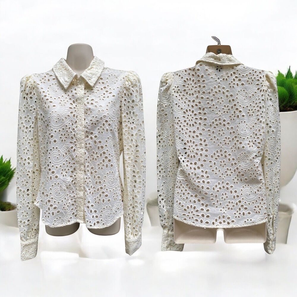 Joie Ivory Eyelet Broderie Anglaise Cotton Blouse Button Up Shirt Size Small S